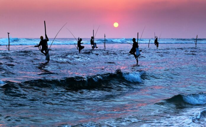 mężczyźni na palach wodnych łowiący ryby o zachodzie słońca