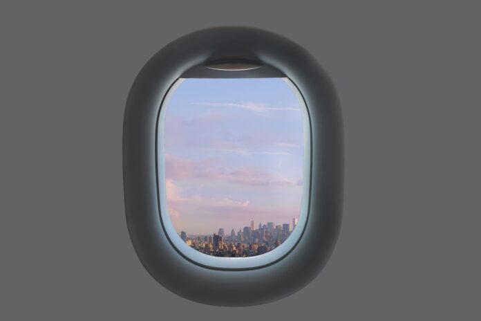 Manhattan w Nowym Jorku widziany z okna samolotu