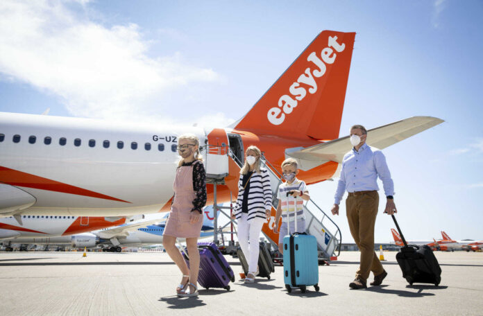 Ludzie w maseczkach przed samolotem easyjet