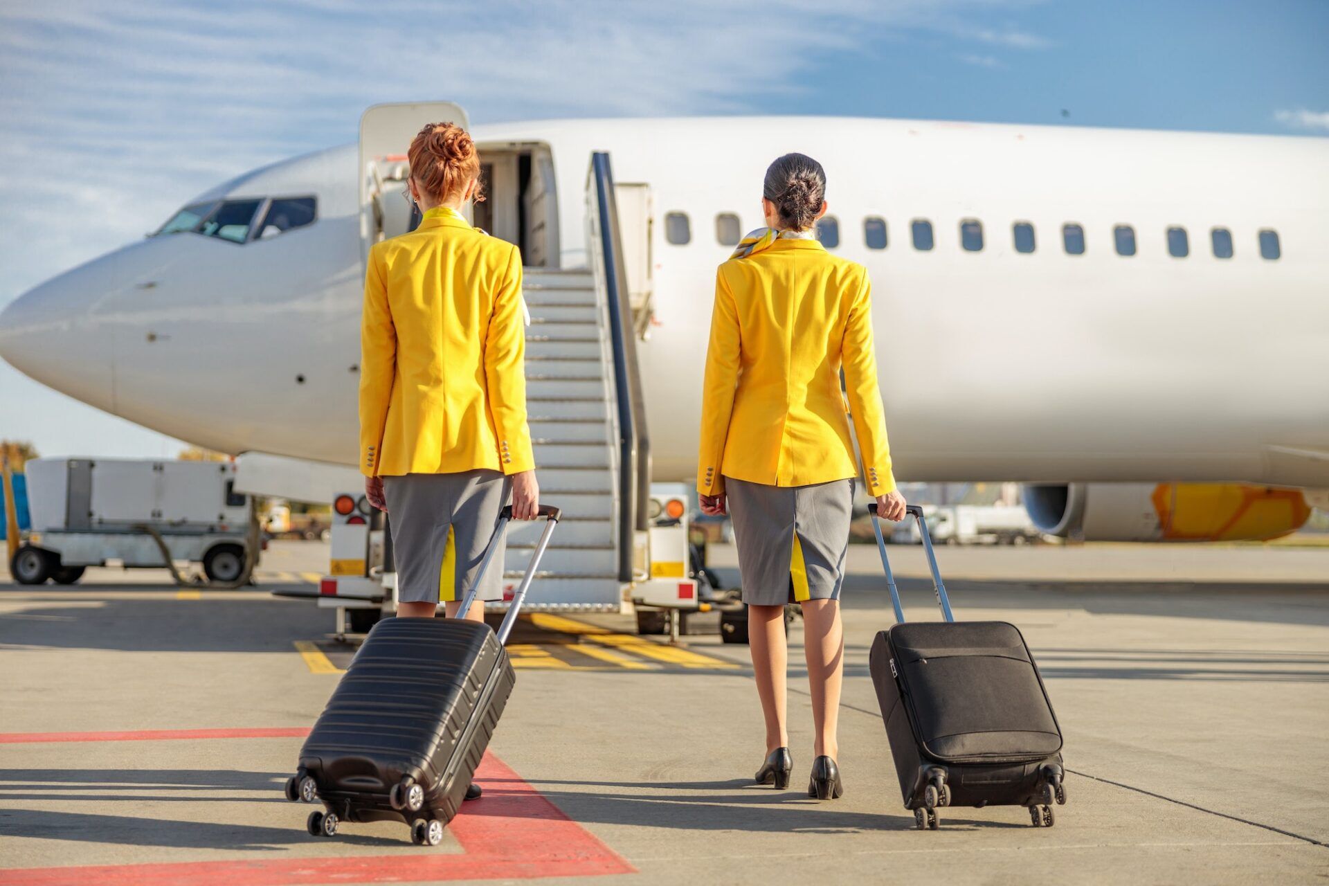 Female airline workers carrying travel bags at airport