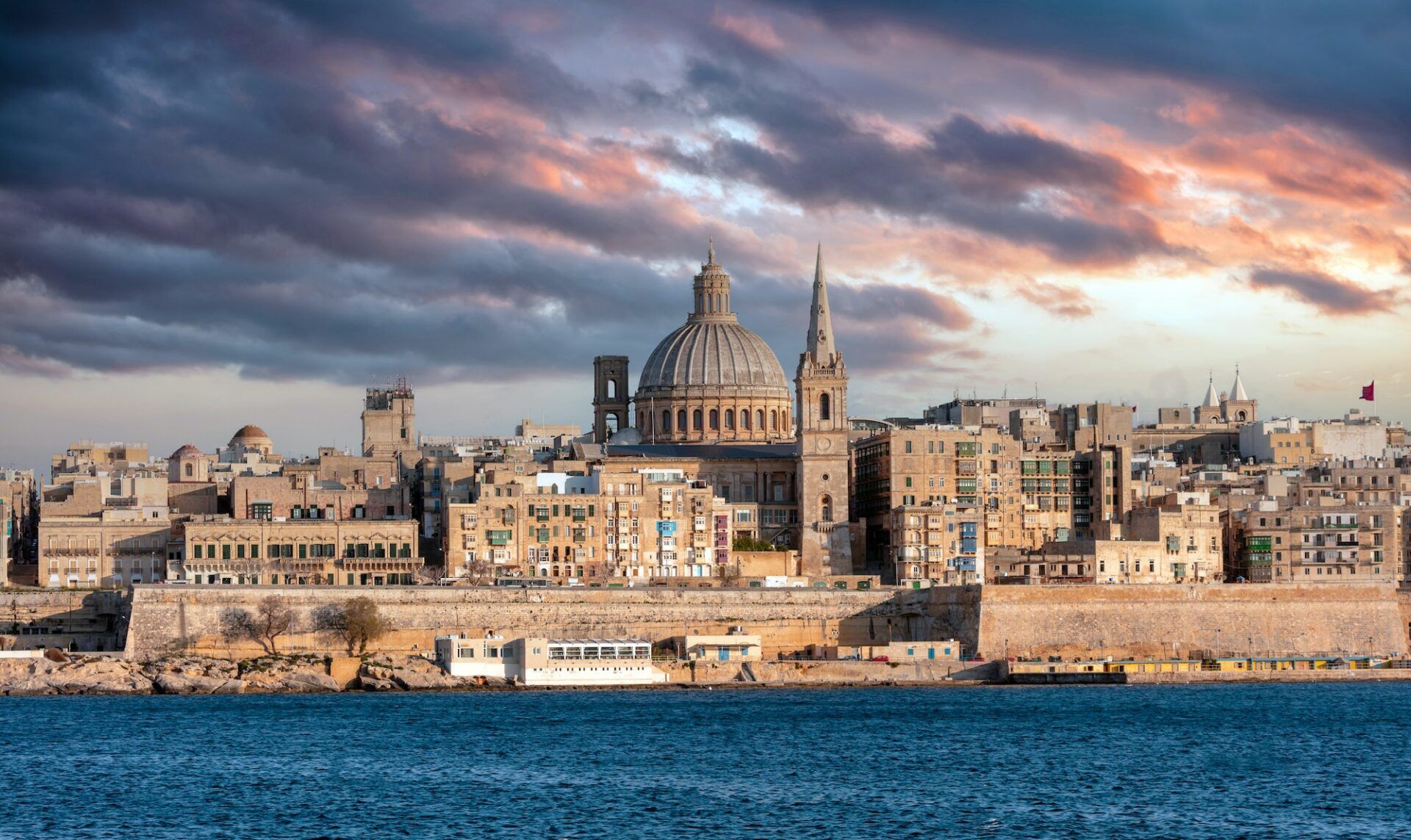 Valletta, Malta, Skyline, the dome of the Carmelite Church and the tower of St Paul`s
