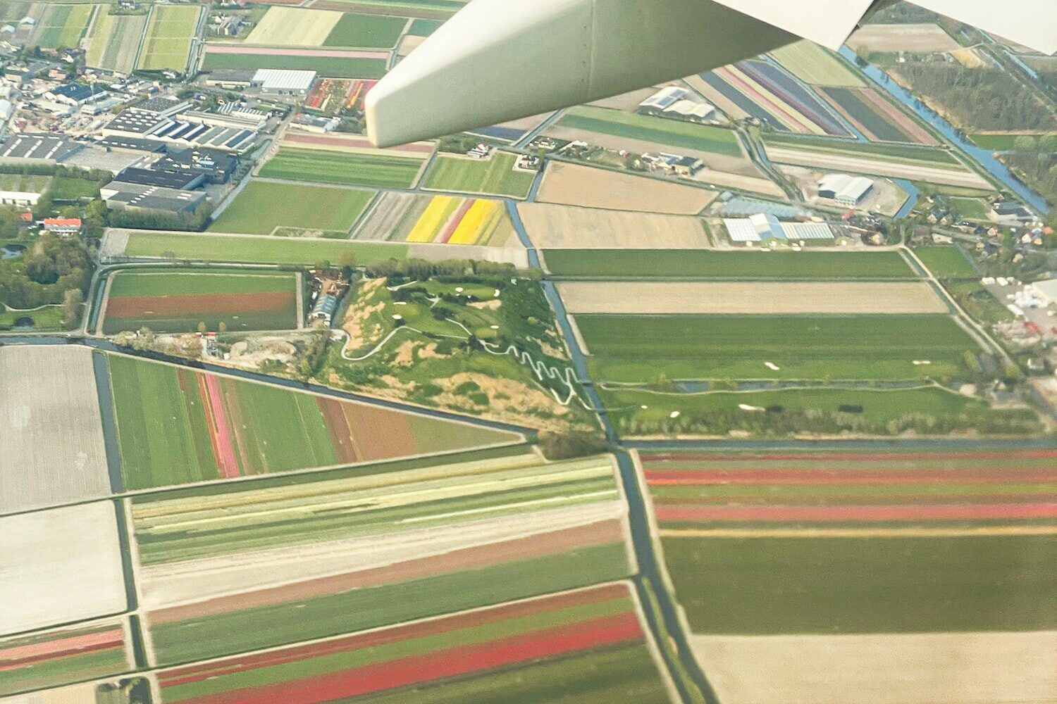View at the blooming colorful tulip fields near Amsterdam from a plane window
