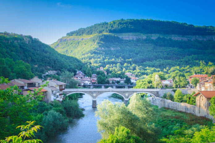 Beautiful summer view of the ancient bridge in Veliko Tarnovo, Bulgaria