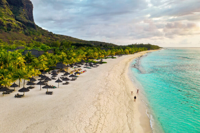 View from the height of the island of Mauritius in the Indian Ocean and the beach of Le Morne