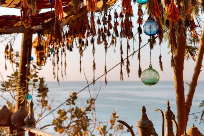 Vintage Arabic oriental cafe. Place to relax on beach Ras Umm El Sid of Red Sea. Sharm El Sheikh, Eg