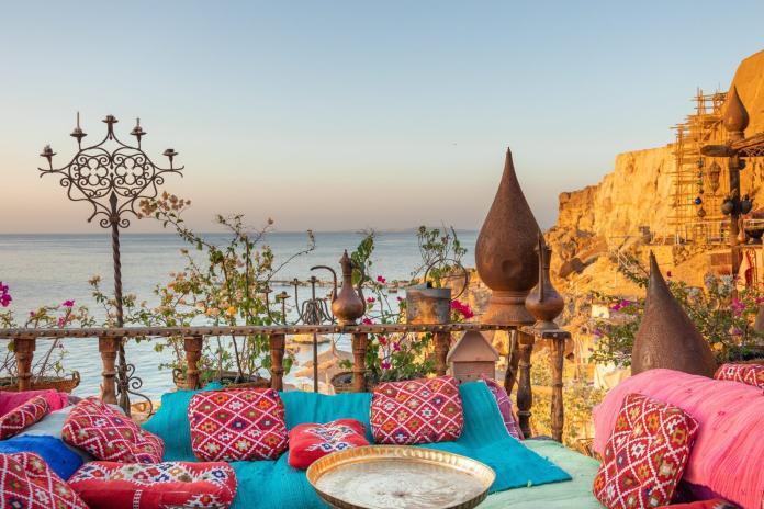 Vintage Arabic oriental cafe. Place to relax on beach Ras Umm El Sid of Red Sea. Sharm El Sheikh, Eg