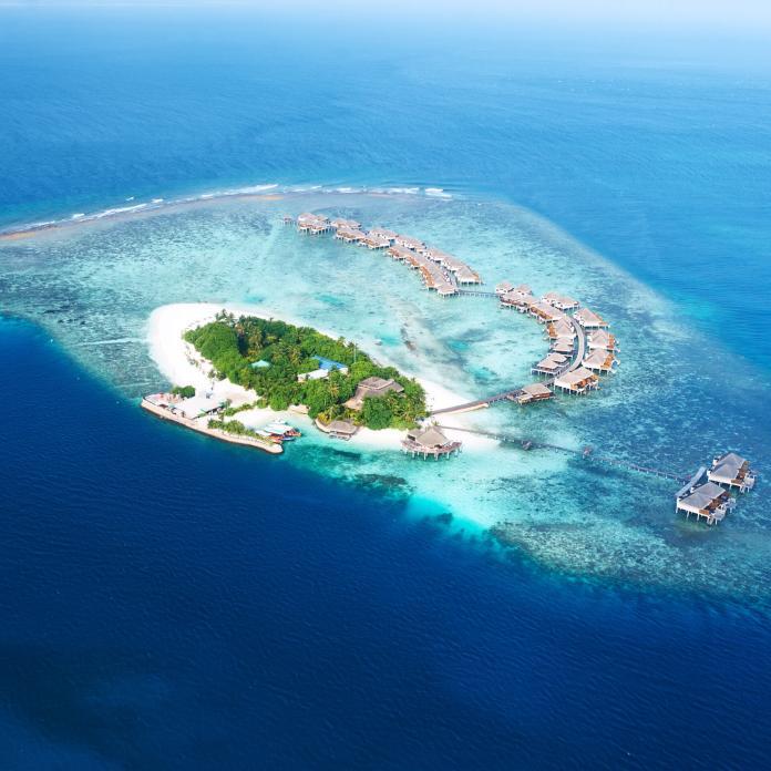 Atolls and islands in Maldives from aerial view