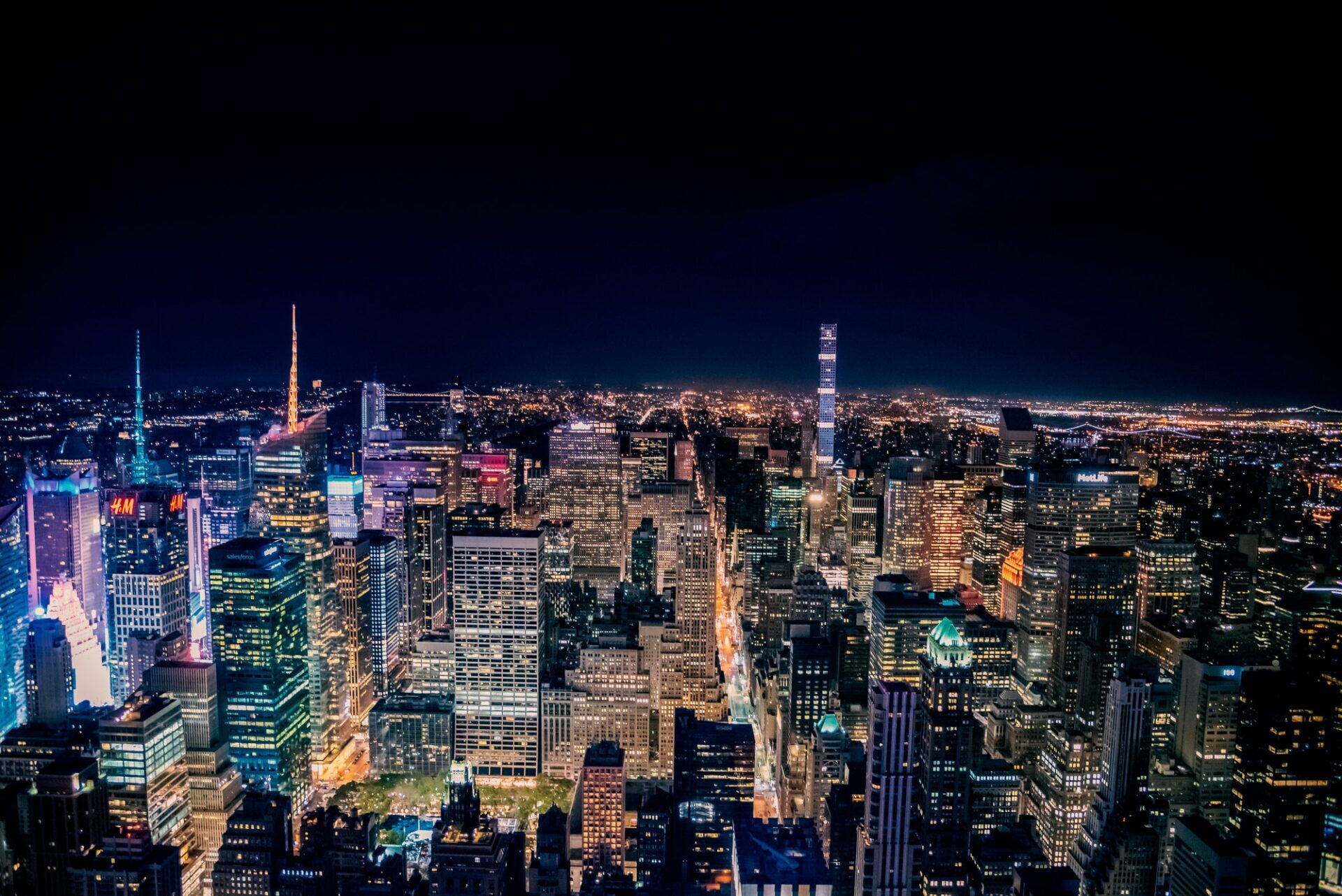 Midtown Manhattan at night aerial view