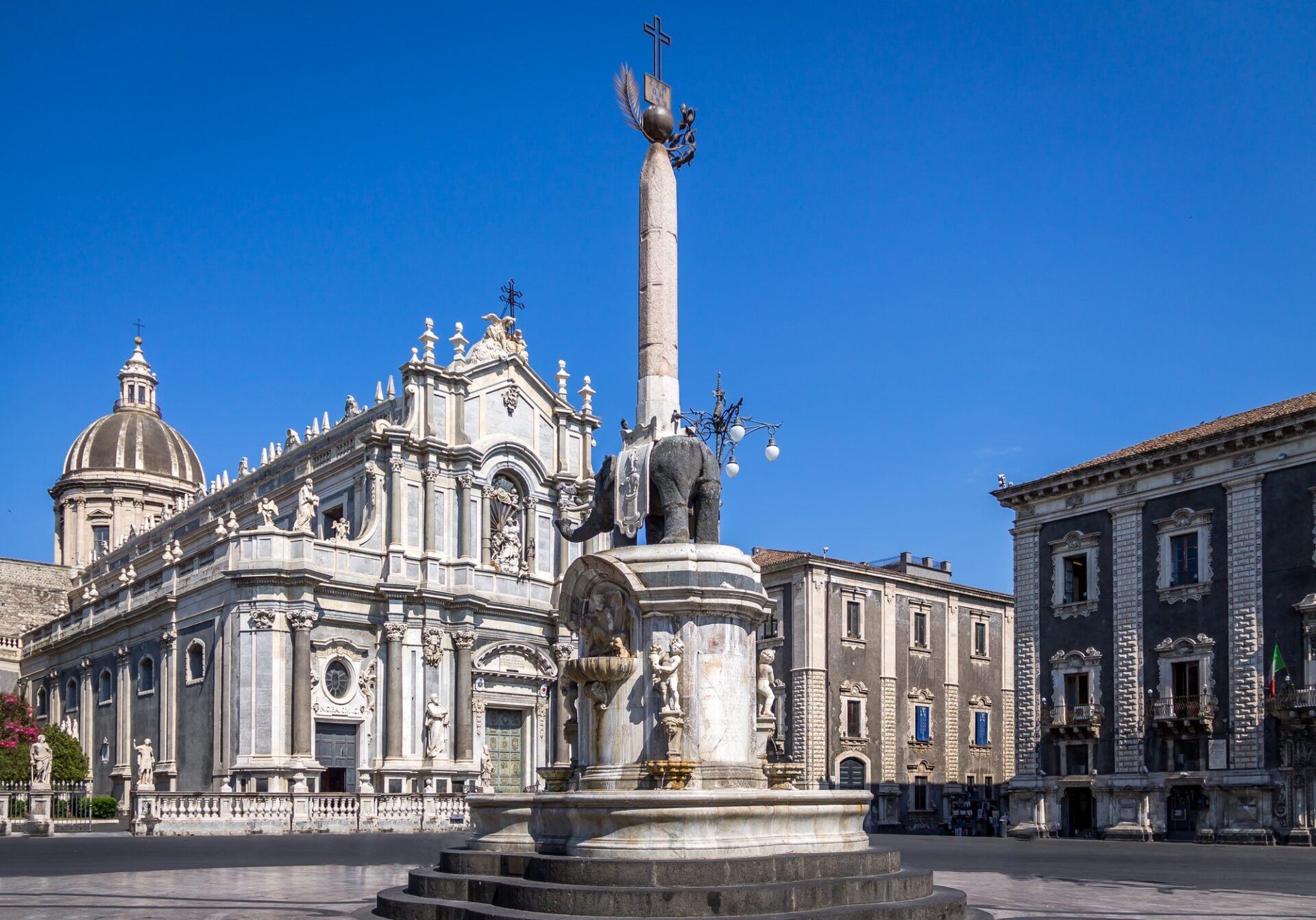 Piazza del Duomo in Catania, elephant Statue and Cathedral of Santa Agatha - Sicily, Italy