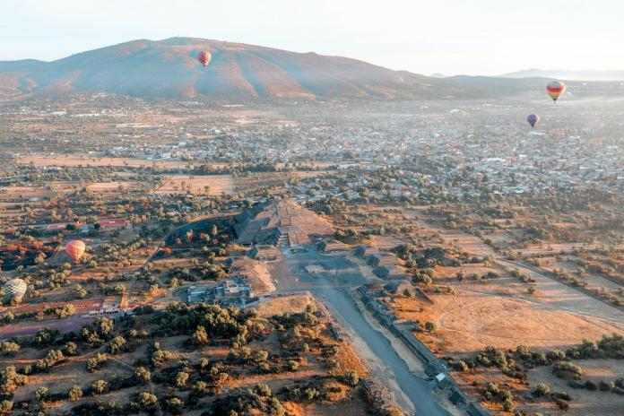 Aerial view at Teotihuacan pyramids of the Sun and The moon in Mexico during sunrise