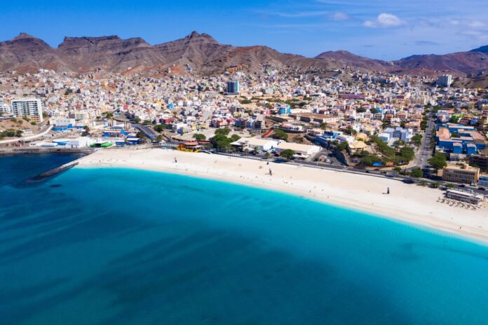 Aerial view of Laginha beach in Mindelo city in Sao Vicente Island in Cape Verde