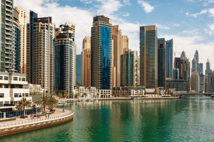 Dubai Marina skyscrapers and port in Dubai, United Arab Emirates