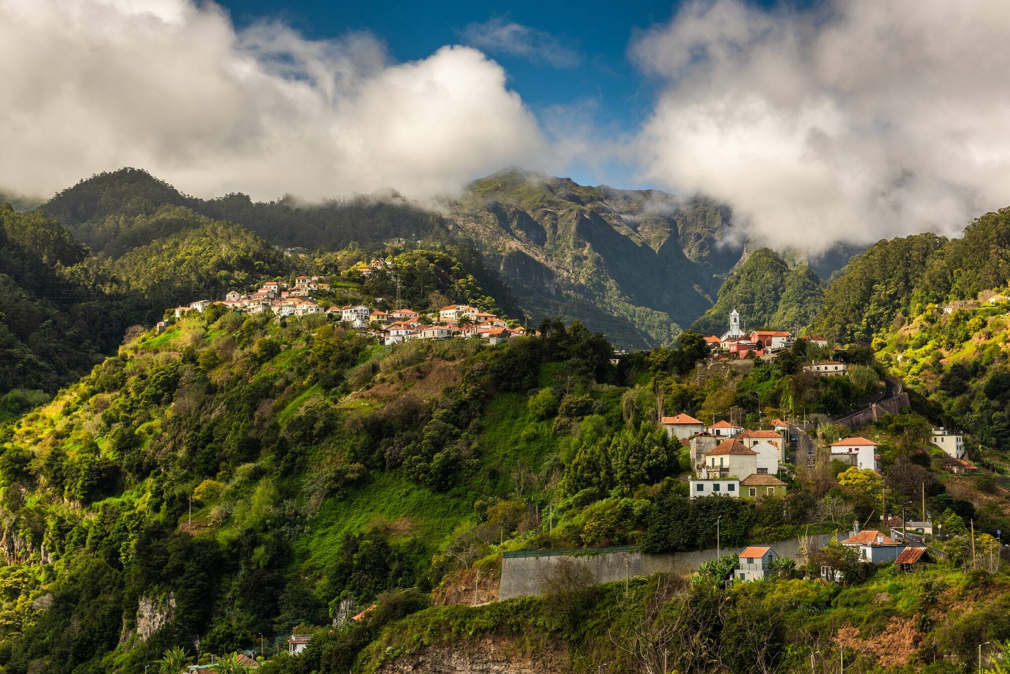 Madeira landscape with green hills and mountains . Wild nature in Madeira, Portugal