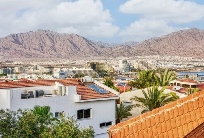 Panoramic view on beach of the Red Sea in Eilat famous resort and recreation town