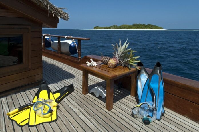 Snorkel gear on the deck of a luxury yacht in South Ari Atoll in the Maldives.