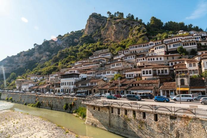 View of the historic town of Berat in Albania its castle above, UNESCO World Heritage Site