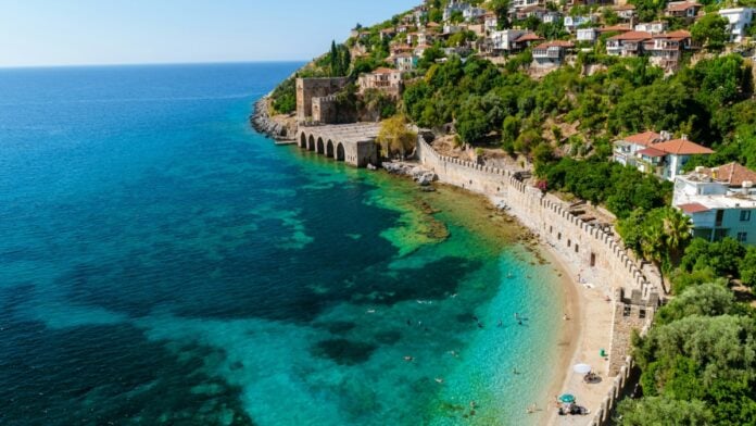 Alanya, Antalya district, Turkey shipyard from Kizil Kule tower in Alanya peninsula,