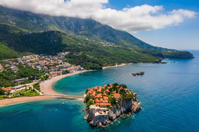 Aerial view of Sveti Stefan island in Budva, Montenegro