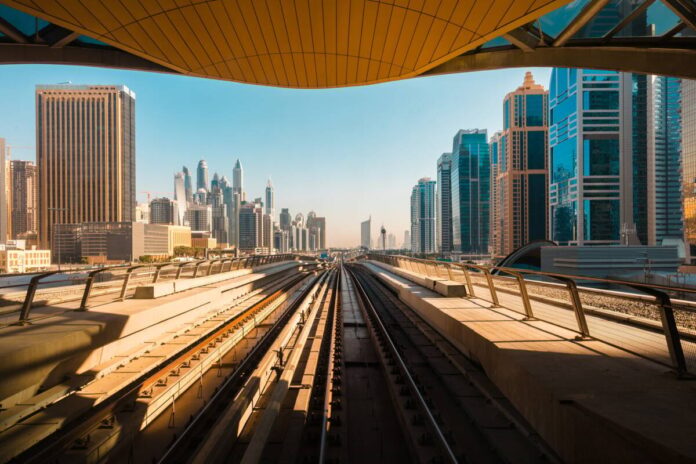View of the Dubai downtown skyline from a metro station, Dubai, UAE