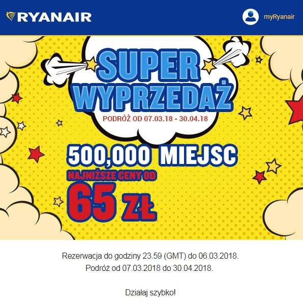 500 000 biletów lotniczych ze zniżką, promocja Ryanaira, wyprzedaż u Ryanaira
