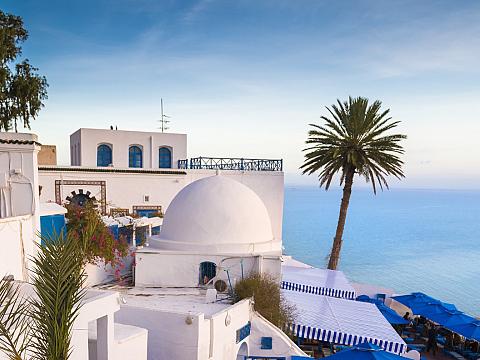 Białe domy i niebieskie okiennice w Sidi Bou Said
