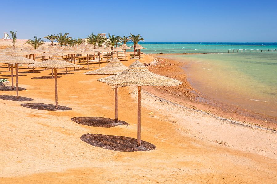 Plaża nad Morzem Czerwonym w Hurghadzie z parasolami i palmami